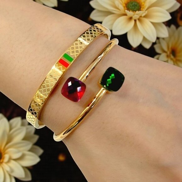 🆕 2-Piece Gold Plated Stainless Steel Cuff & Bangle Set With Rhinestone Charms - Picture 3 of 14